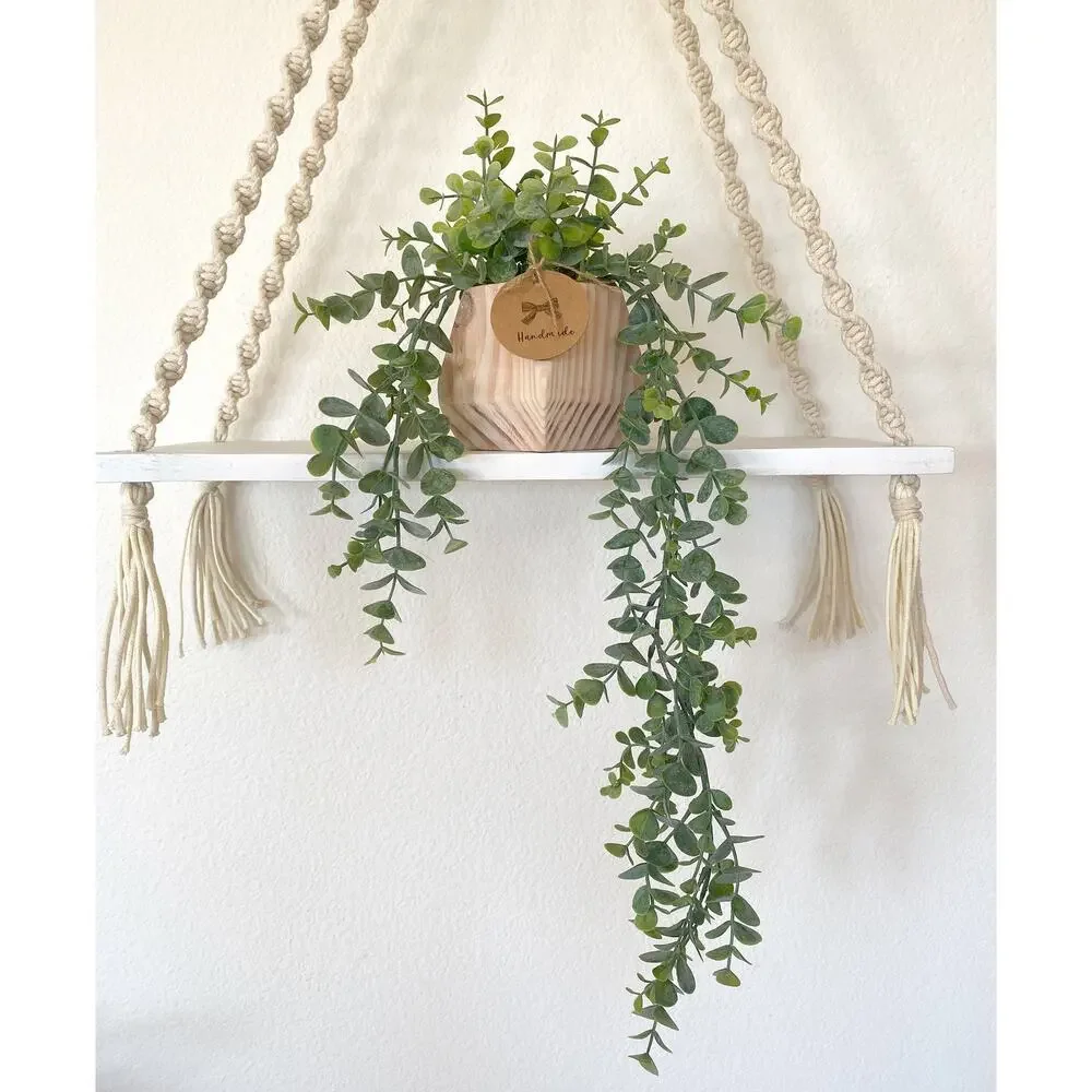 Set of 2 - Hanging Faux Bamboo and Eucalyptus Plant in Handmade Wood Pot - Picture 3 of 5